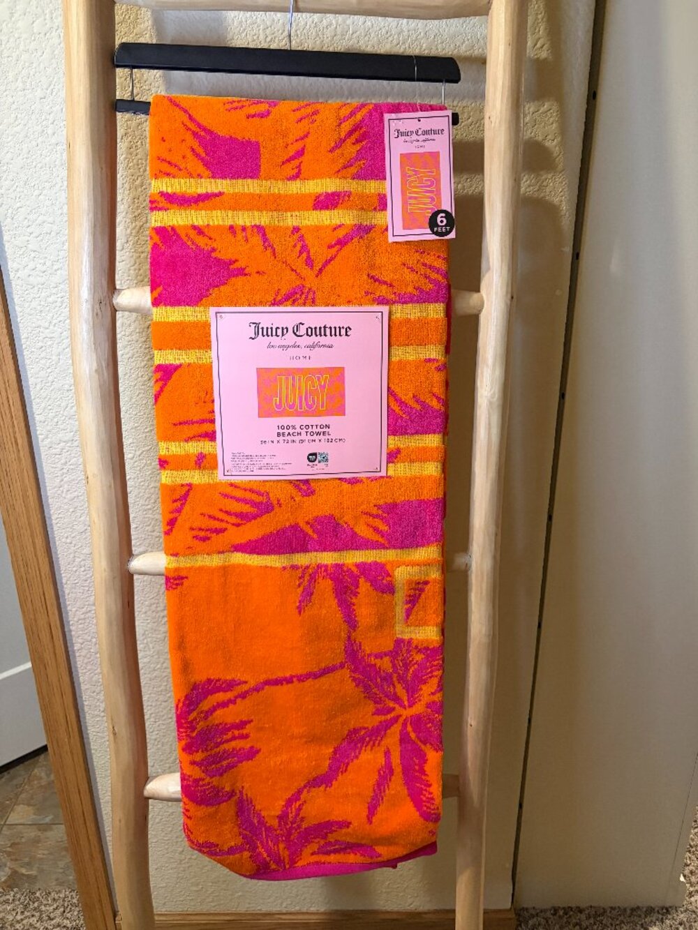 Juicy Couture Palm Tree Beach Towel Pink Orange 36x72 Cotton NWT